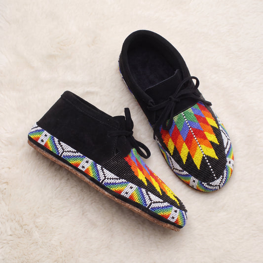 Rainbow Flame Beaded Black Suede Lace-Up Moccasins for Women