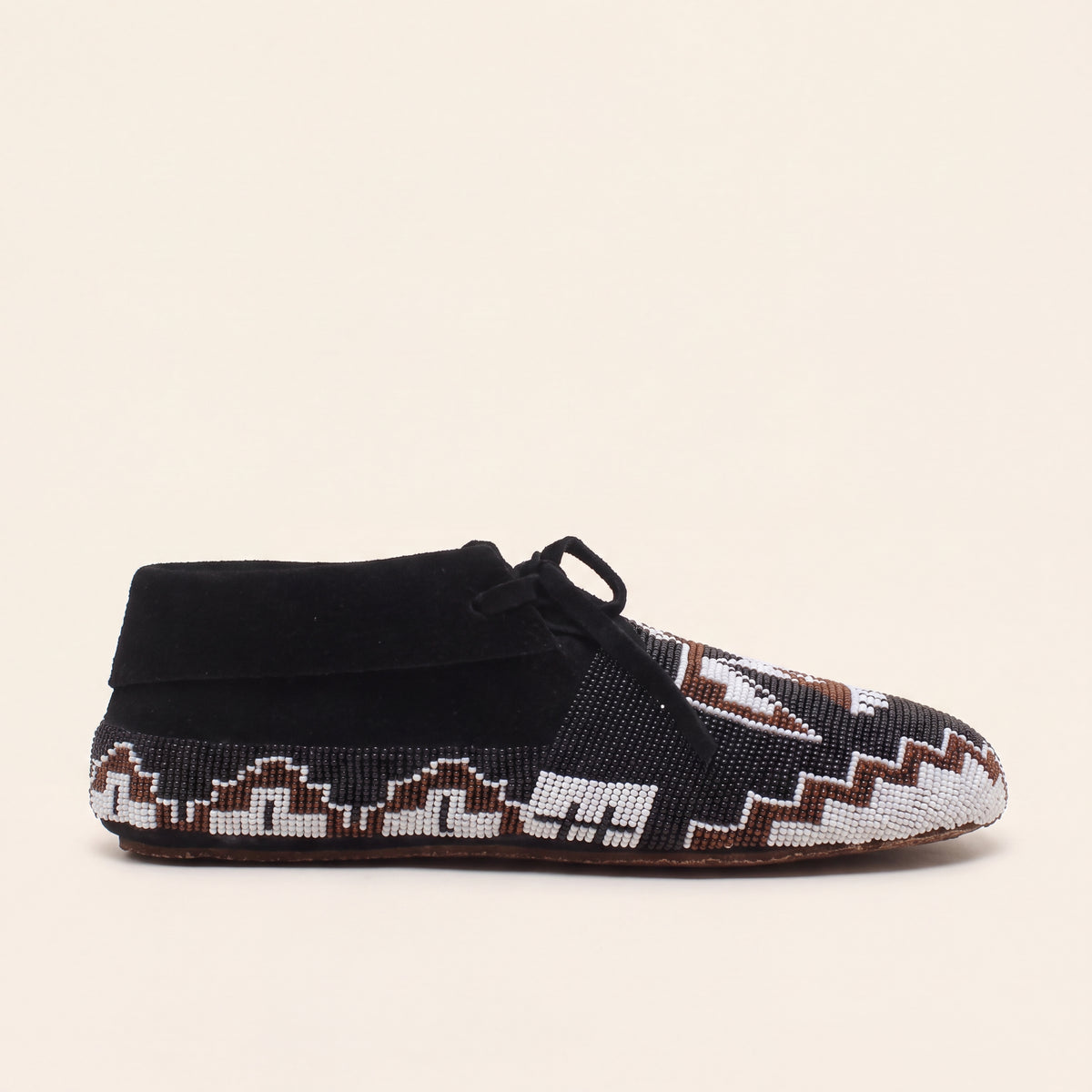 Thunderbird Beaded Black Suede Lace-Up Moccasins for Women