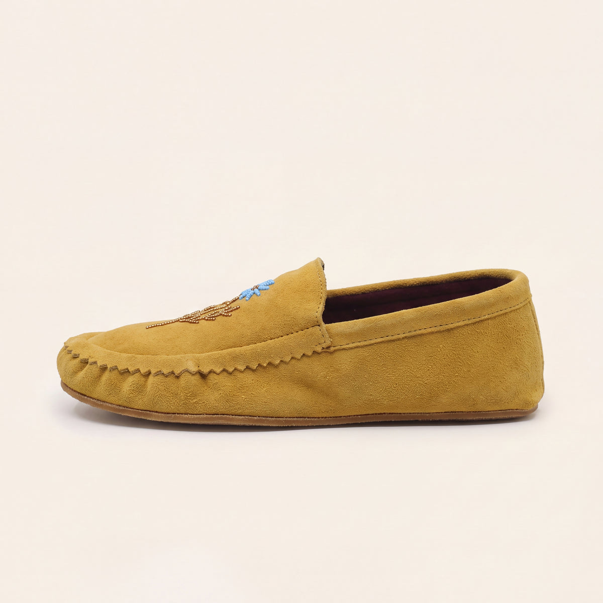 Turquoise Flower Beaded Yellow Suede Moccasins