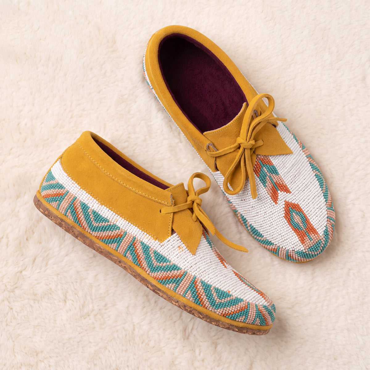 White Beaded Lace-Up Moccasins for Women
