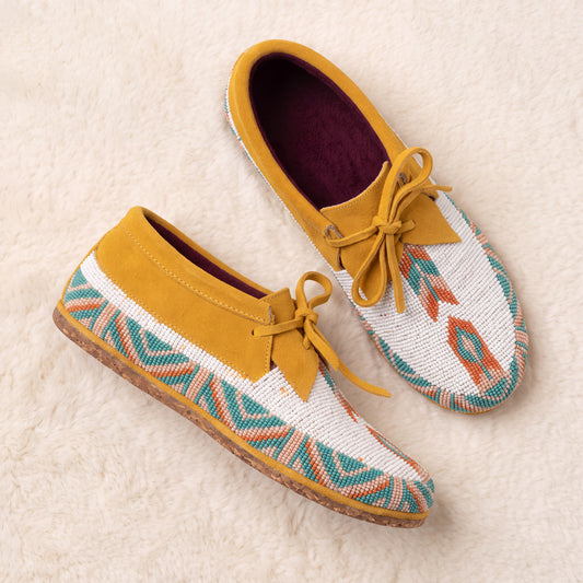 White Beaded Lace-Up Moccasins for Women