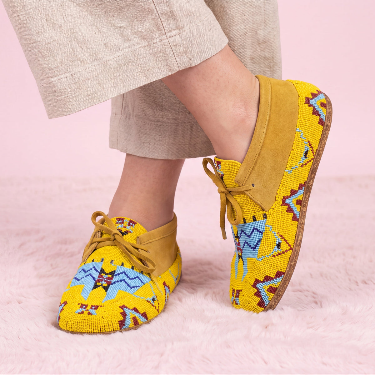 Yellow and Blue Beaded Lace-Up Moccasins for Women