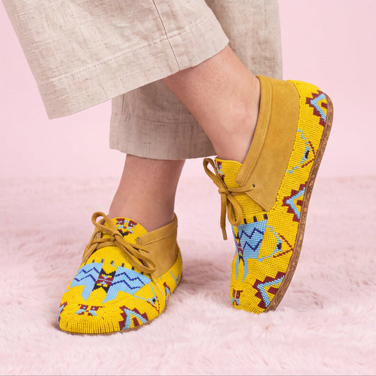 Yellow and Blue Beaded Lace-Up Moccasins for Women