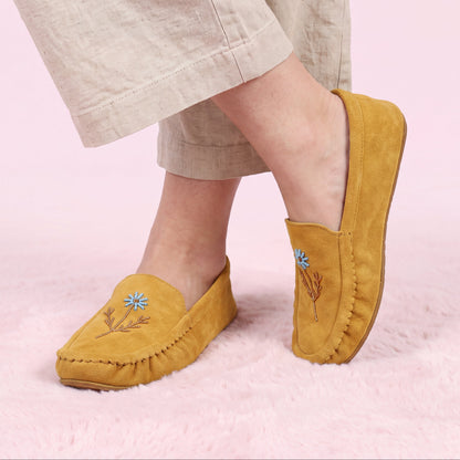 Turquoise Flower Beaded Yellow Suede Moccasins