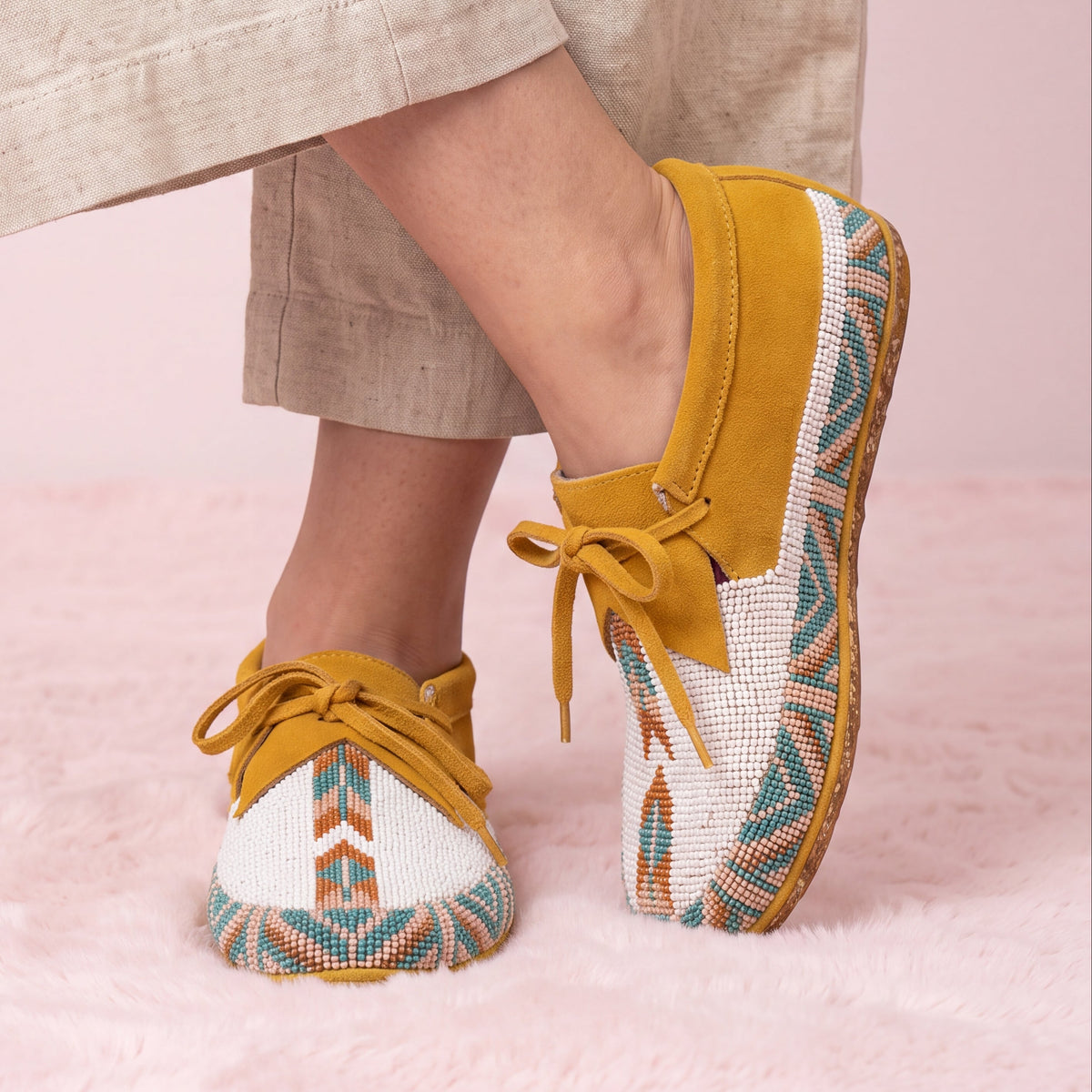 White Beaded Lace-Up Moccasins for Women