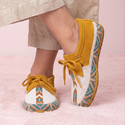 White Beaded Lace-Up Moccasins for Women