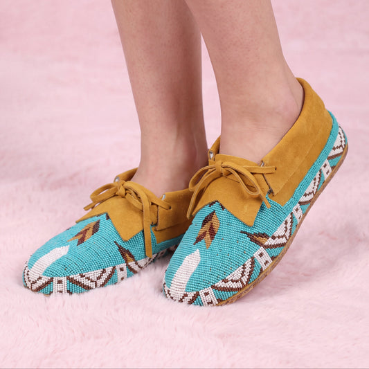 Blue Beaded Lace-Up Moccasins for Women