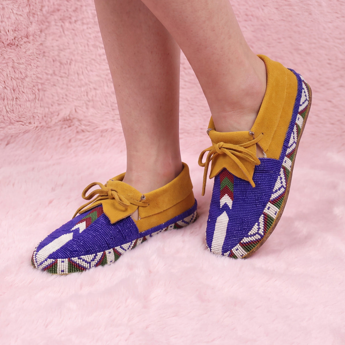 Royal Blue Beaded Lace-Up Moccasins for Women