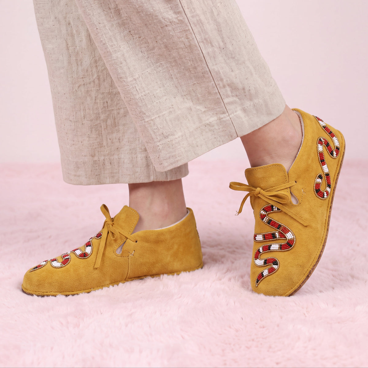 Mustard Snake Beaded Suede Lace-Up Moccasins for Women