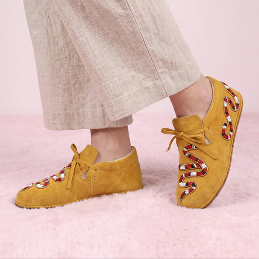 Mustard Snake Beaded Suede Lace-Up Moccasins for Women