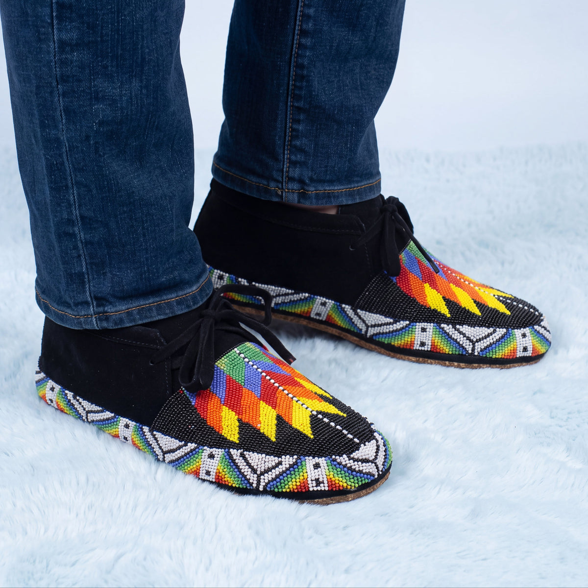 Men's Suede Rainbow Flame Lace Up Beaded Moccasins