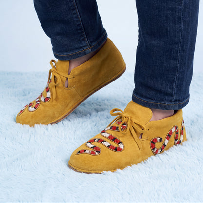 Men's Mustard Suede Red Snake Beaded Moccasins
