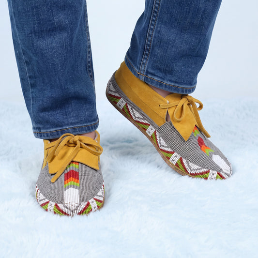 Men's Gray Hand-Beaded Lace-Up Moccasins