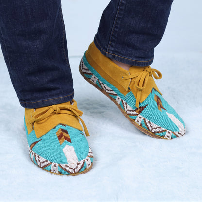 Men's Blue Beaded Lace-Up Moccasins