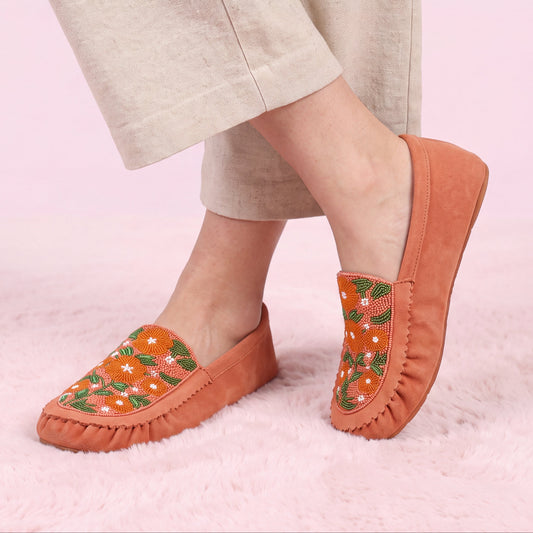 Coral Floral Beaded Rust Suede Moccasins