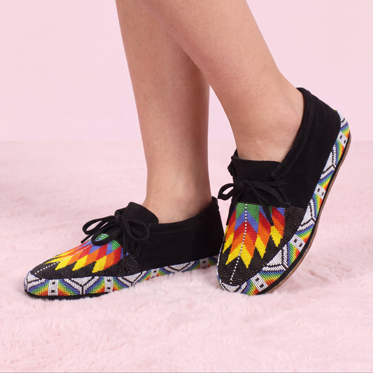 Rainbow Flame Beaded Black Suede Lace-Up Moccasins for Women