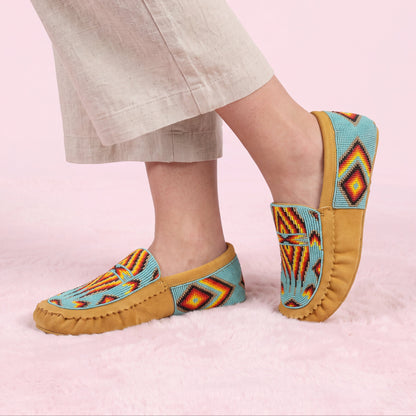 Turquoise Geometric Beaded Suede Moccasins