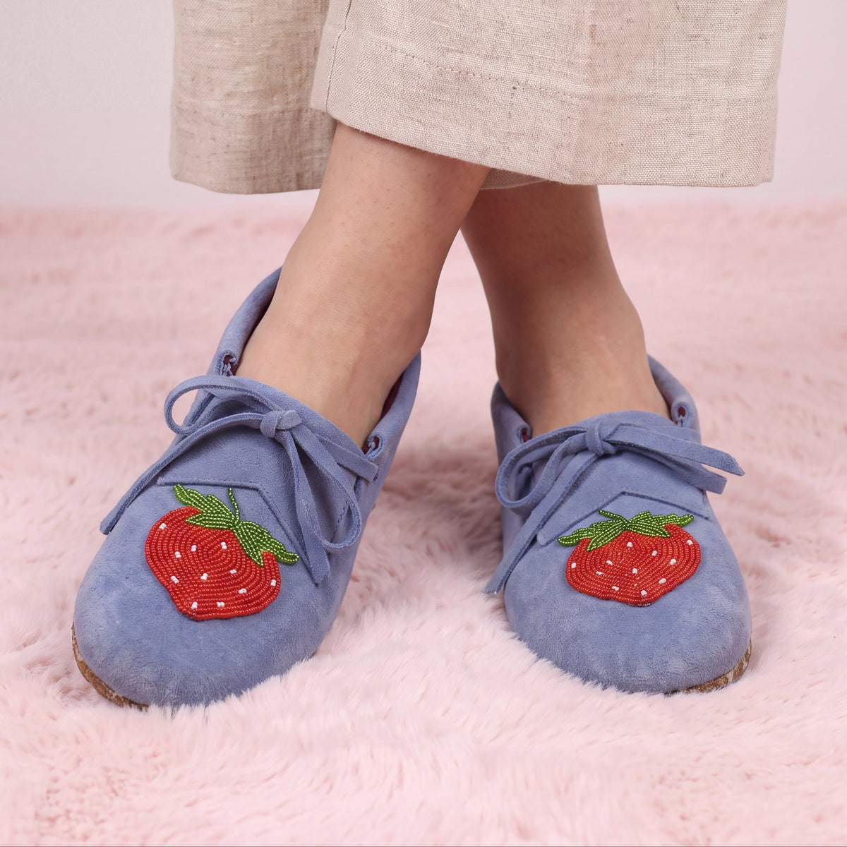 Strawberry Beaded Blue Suede Lace-Up Moccasins for Women