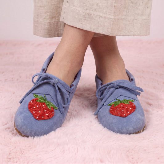 Strawberry Beaded Blue Suede Lace-Up Moccasins for Women