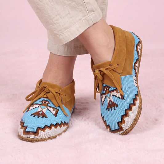 Sky Blue Thunderbird Beaded Suede Lace-Up Moccasins for Women