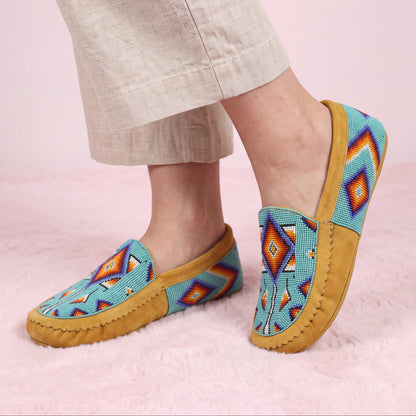 Turquoise Diamond Beaded Soft Sole Moccasins