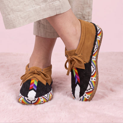 Black Beaded Suede Lace-Up Moccasins for Women