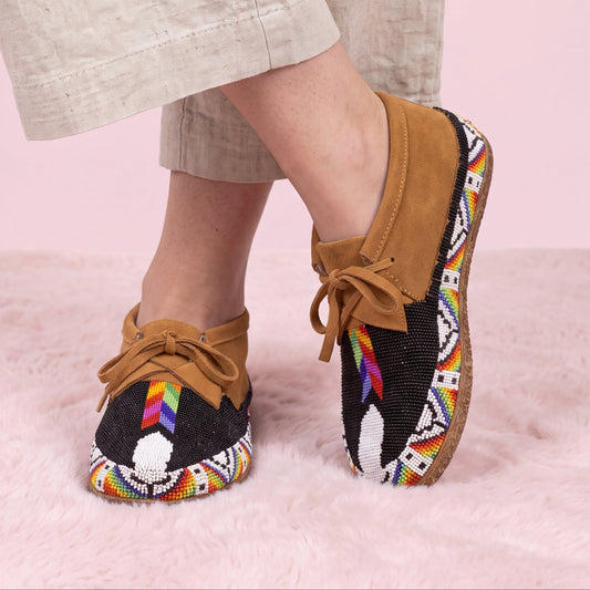 Black Beaded Suede Lace-Up Moccasins for Women