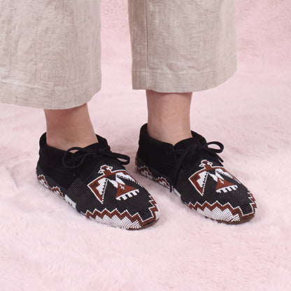 Thunderbird Beaded Black Suede Lace-Up Moccasins for Women