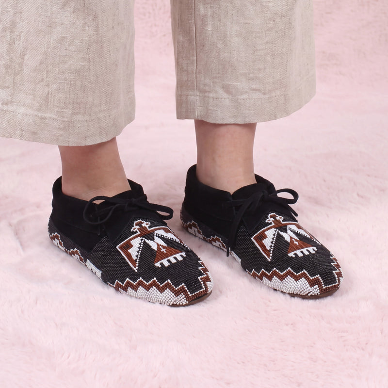 Thunderbird Beaded Black Suede Lace-Up Moccasins for Women