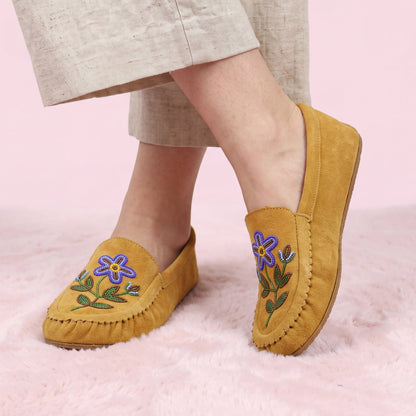 Purple Flower Beaded Yellow Suede Moccasins