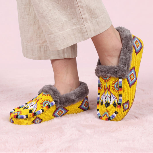 Yellow Thunderbird Fur Cuff Beaded Moccasins For Women