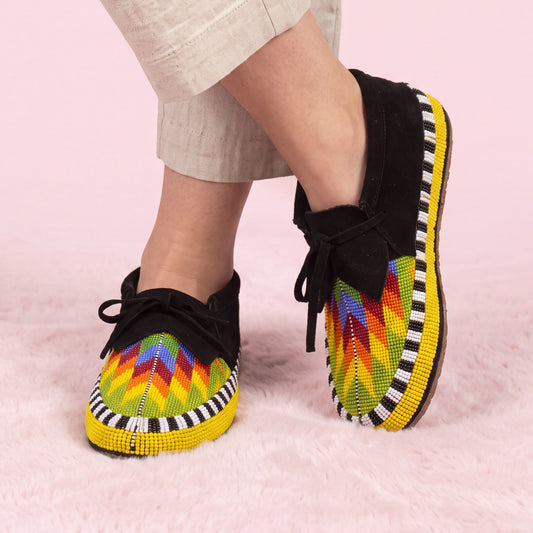Beaded Rainbow Lace-Up Suede Moccasins for Women