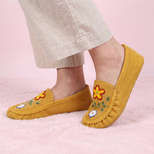 Floral Beaded Suede Slip-On Moccasins with Soft Sole for Women