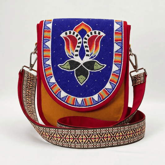 Blue Rainbow Flower Hand Beaded Canvas Crossbody Bag – Mustard