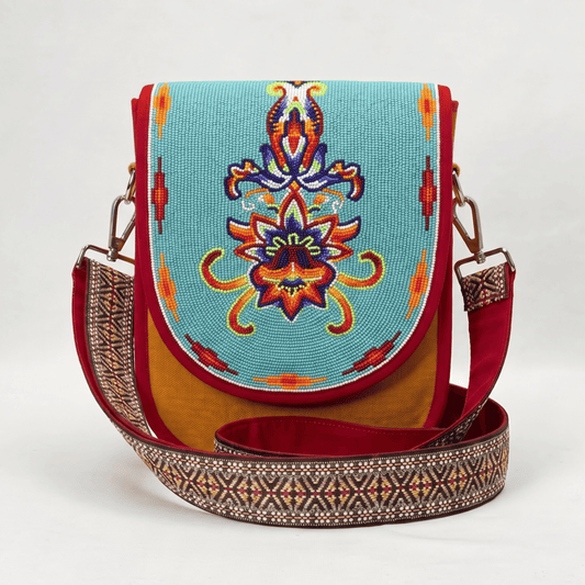 Turquoise Floral Crest Hand Beaded Canvas Crossbody Bag – Mustard
