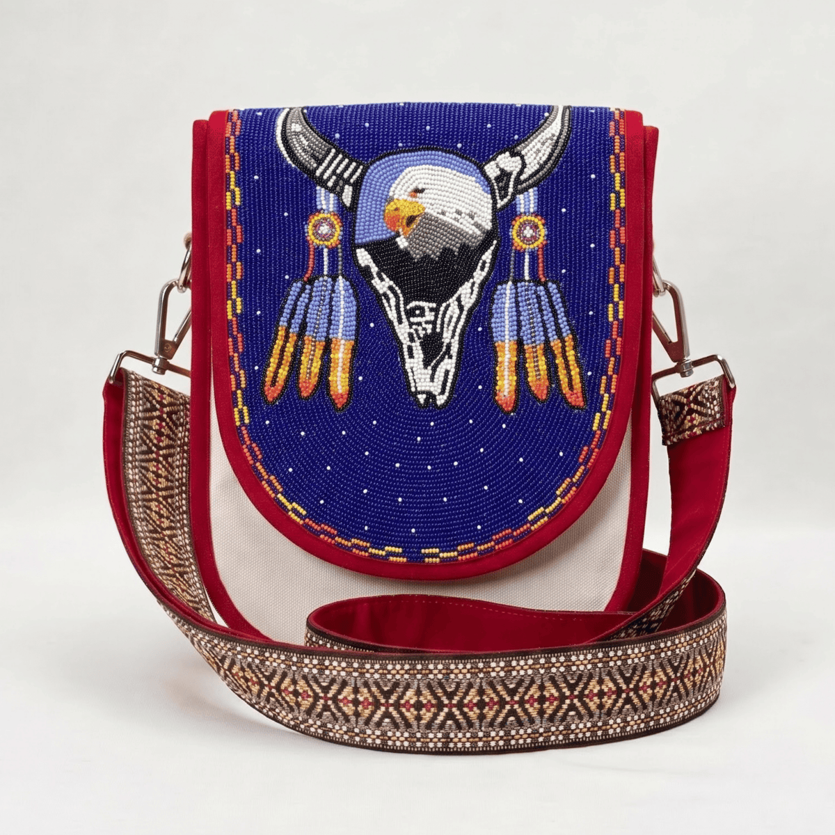 Eagle Skull Motif Hand Beaded Canvas Crossbody Bag – Cream