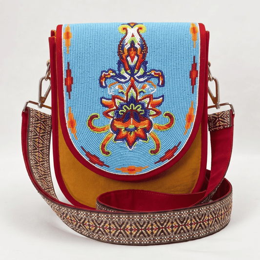 Blue Floral Crest Hand Beaded Canvas Crossbody Bag – Mustard
