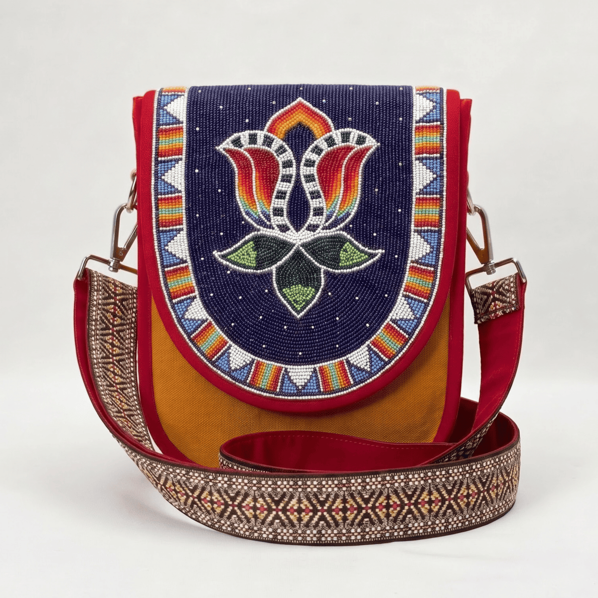 Navy Rainbow Flower Hand Beaded Canvas Crossbody Bag – Mustard