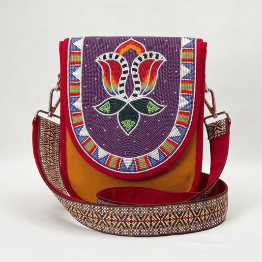 Purple Tulip Hand Beaded Canvas Crossbody Bag – Mustard