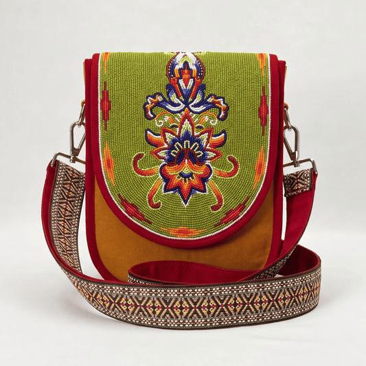 Ornate Floral Crest Hand Beaded Canvas Crossbody Bag – Mustard