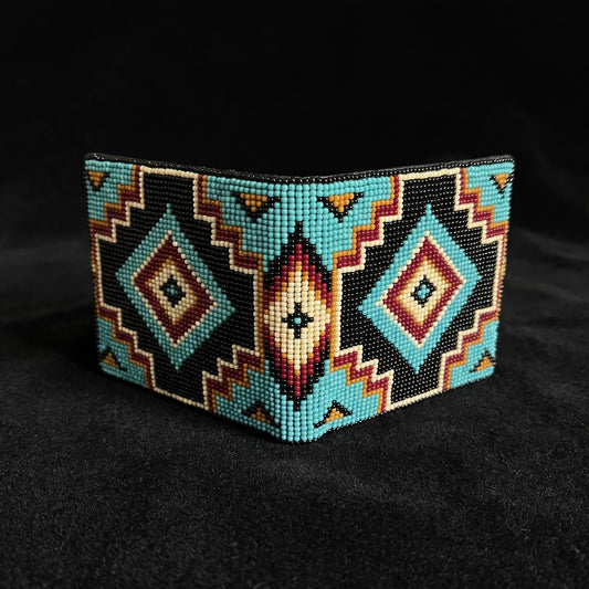 Black beaded leather bifold wallet with turquoise rust cream and coral diamond pattern