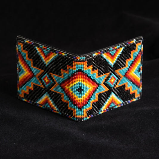 Black beaded leather bifold wallet with turquoise orange cream and coral chevron diamond design
