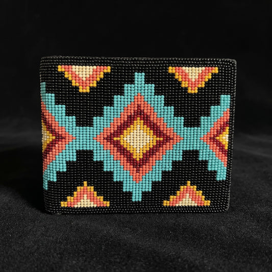 Black beaded leather bifold wallet with turquoise coral orange and yellow geometric diamond design
