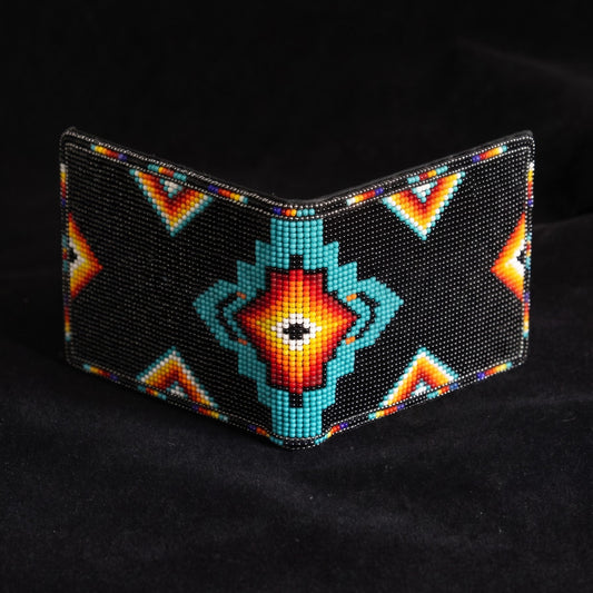 Black beaded leather bifold wallet with turquoise orange yellow diamond and corner chevron design