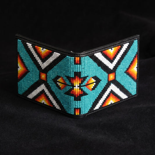 Black beaded leather bifold wallet with turquoise orange cream and gray cross arrow geometric design