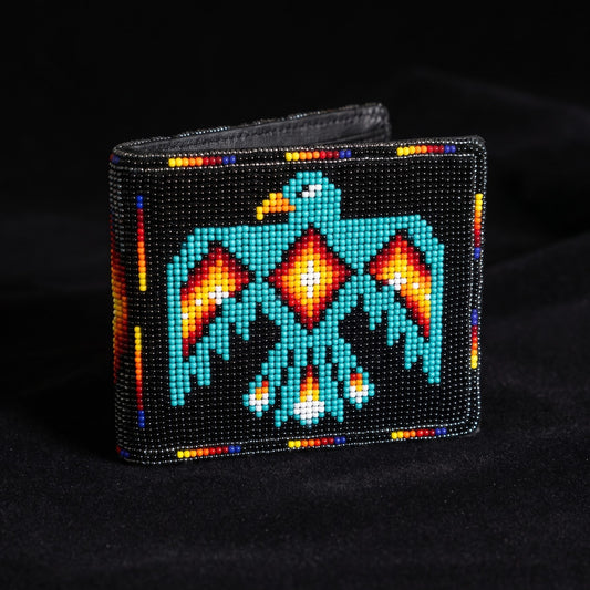 Black beaded leather bifold wallet with turquoise orange yellow and cream Thunderbird design