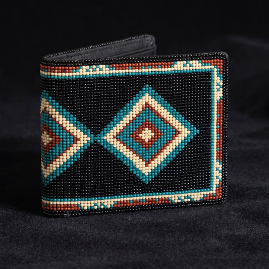 Black beaded leather bifold wallet with turquoise rust cream and coral diamond design