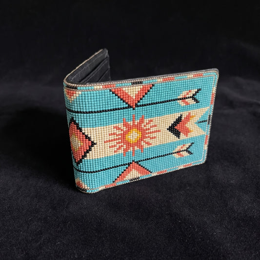 Turquoise beaded leather bifold wallet with peach orange sunburst and arrow design