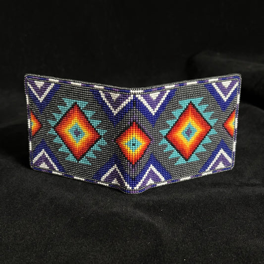 Purple beaded leather bifold wallet with turquoise orange cream and lavender diamond chevron design