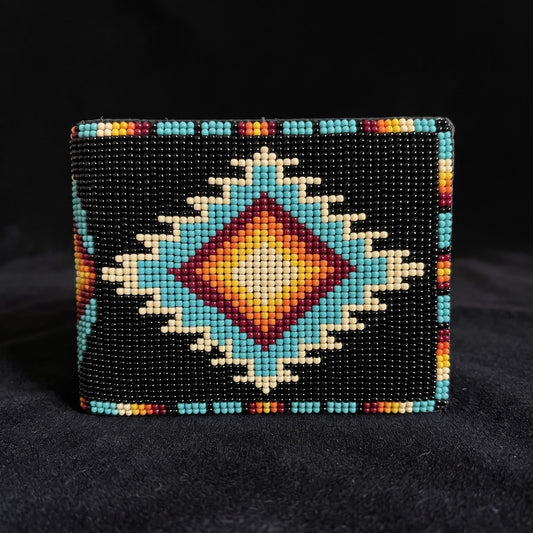 Black beaded leather bifold wallet with large turquoise cream orange and red step diamond design